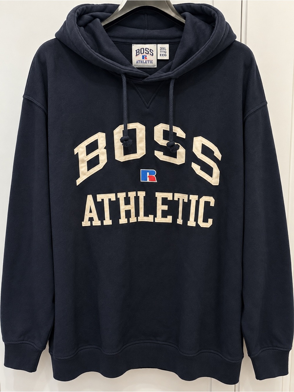 Hugo Boss Navy Hoodie with Cream Athletic Lettering
